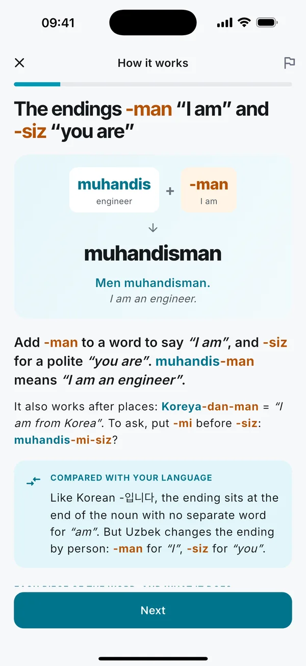 Grammar screen: the endings -man (I am) and -siz (you are) on muhandis (engineer), with a box comparing them with Korean -입니다.