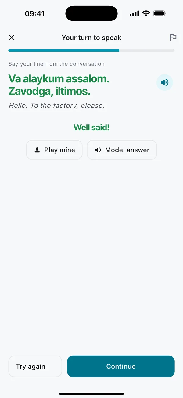 Speaking screen: the learner says Va alaykum assalom. Zavodga, iltimos. and the app answers Well said, with Play mine and Model answer.