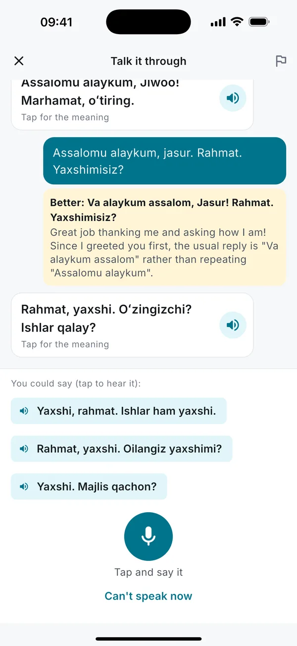 Conversation with a colleague, Jasur: the learner's reply is corrected to Va alaykum assalom, with a short explanation.