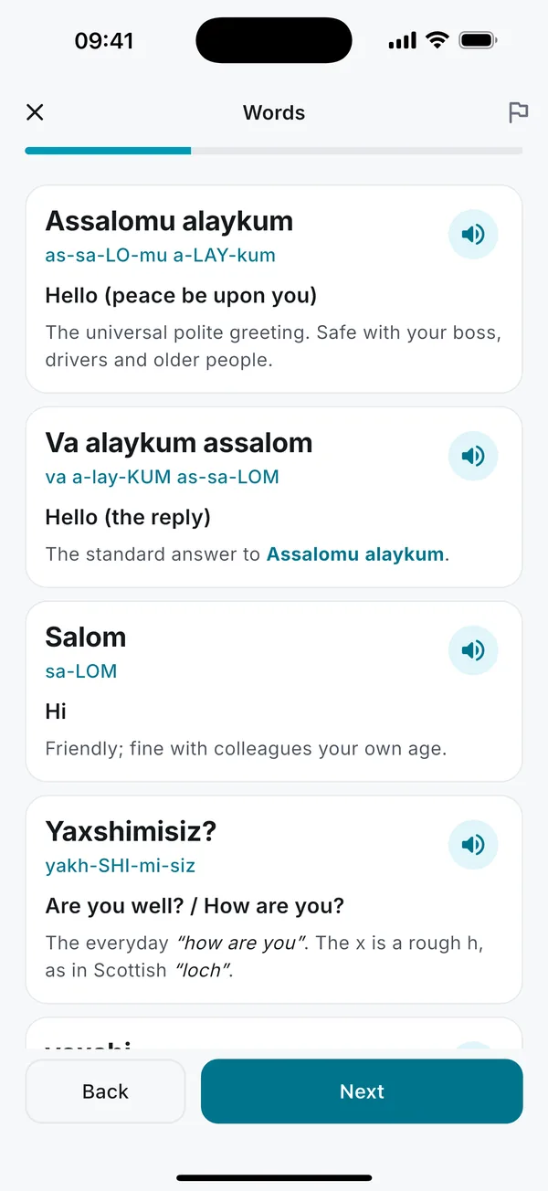 Words screen: Assalomu alaykum, Va alaykum assalom, Salom and Yaxshimisiz?, each with pronunciation, meaning and a play button.