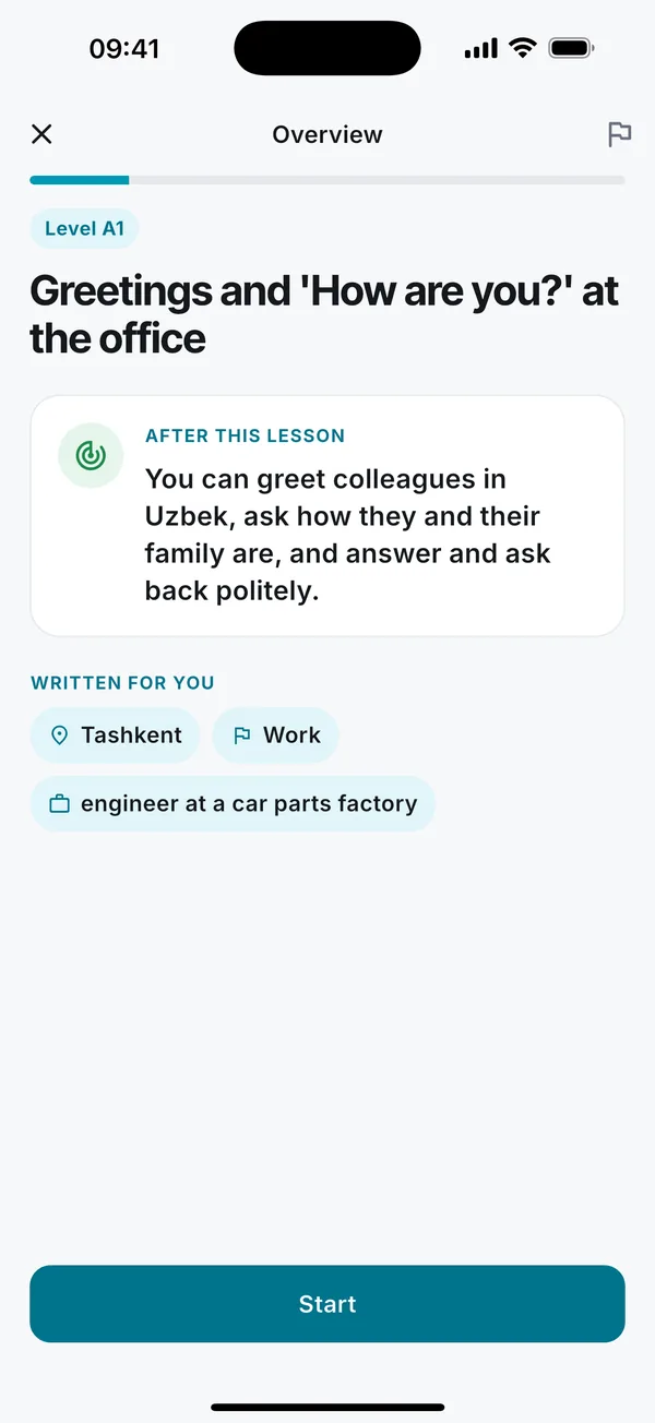 Lesson overview: Greetings and How are you? at the office, level A1, written for Tashkent, work and an engineer at a car parts factory.